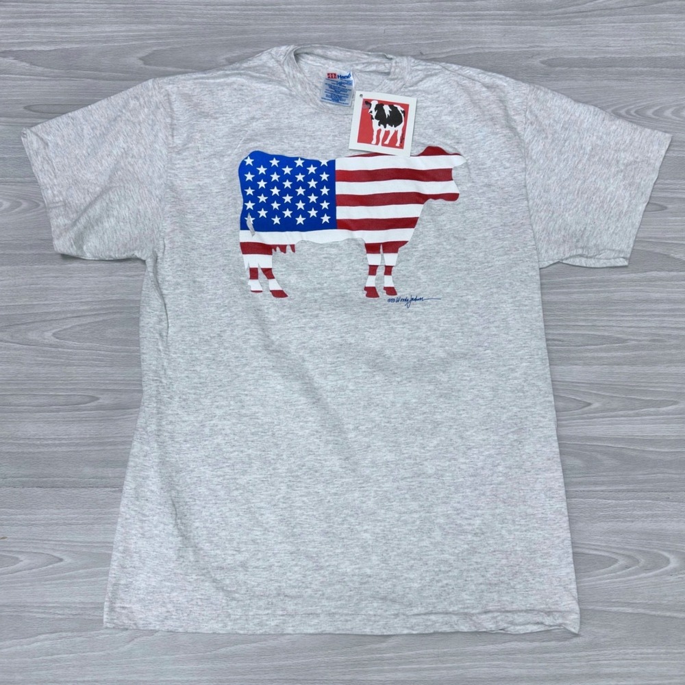 Vintage 1993 Woody Jackson Holy Cow T-Shirt Mens Large Gray USA Flag NWT Hanes